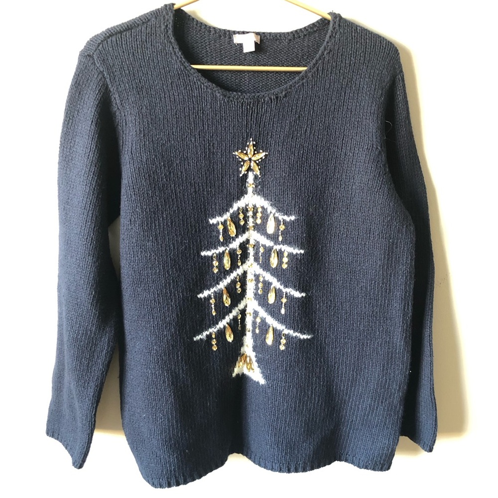 Vintage J-Jill Navy Blue Wool Blend Crystal embellished Christmas tree sweater M